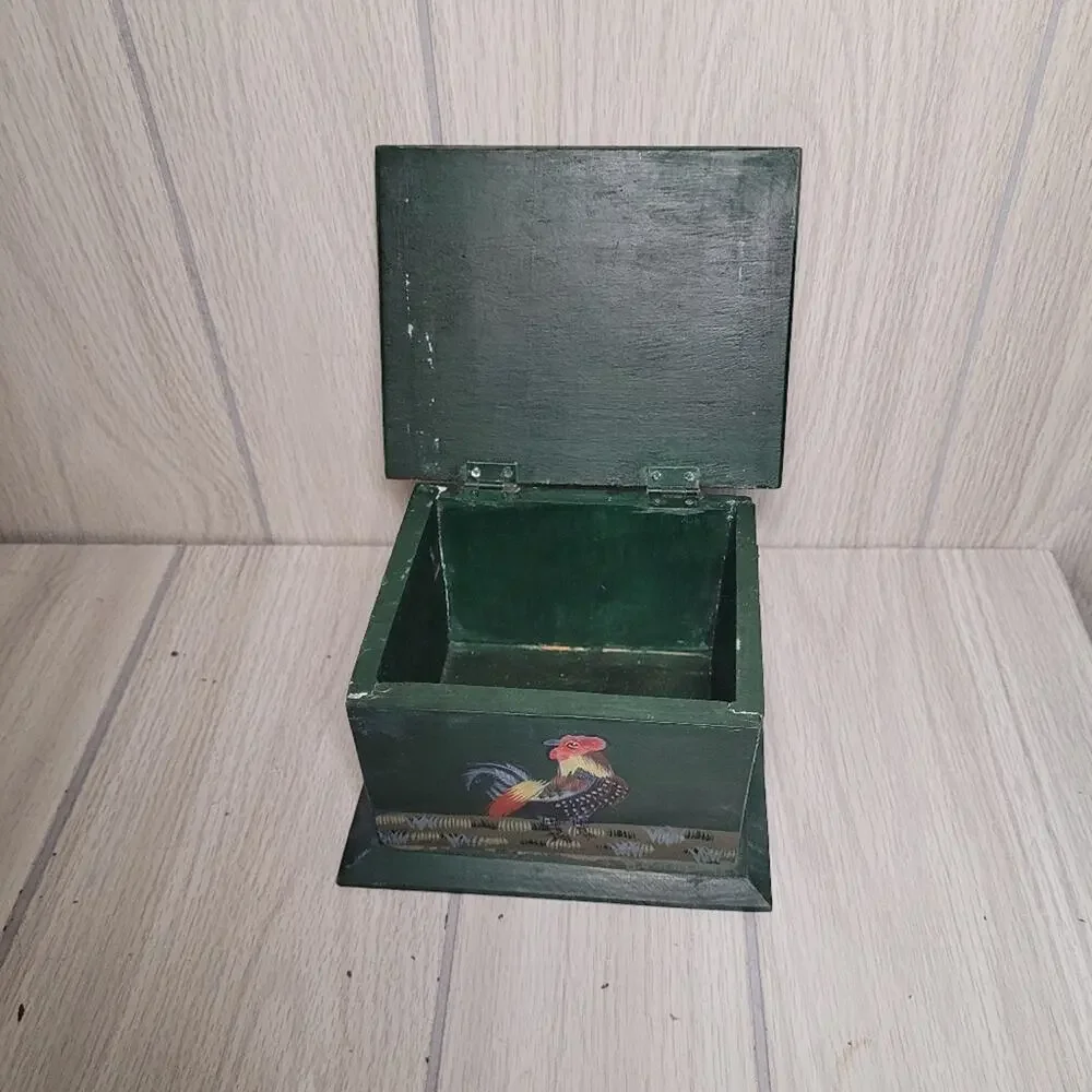 Vintage Han Painted Rooster Wood Recipe Box Bird Farmhouse Country Prairie